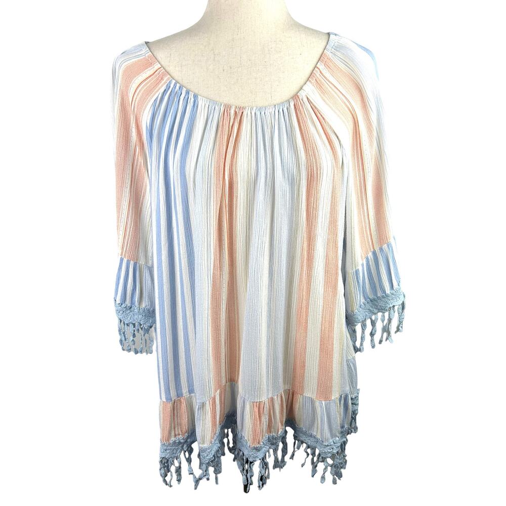 Ethyl Clothing Vertical Striped Blouse 3/4 Sleeve Crochet Trim Size XXL EUC